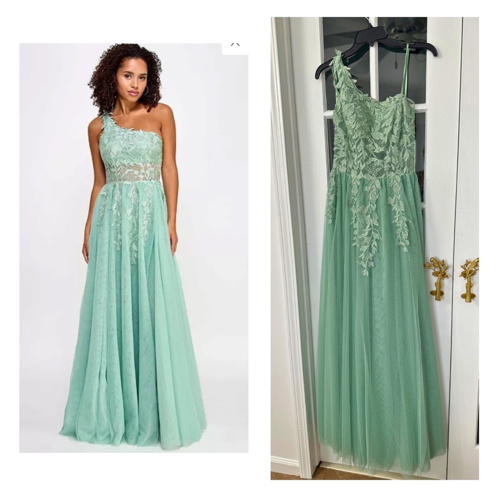 Say Yes to the Prom Asymmetric Floral-Applique Sleeveless Gown (Size 9/10)